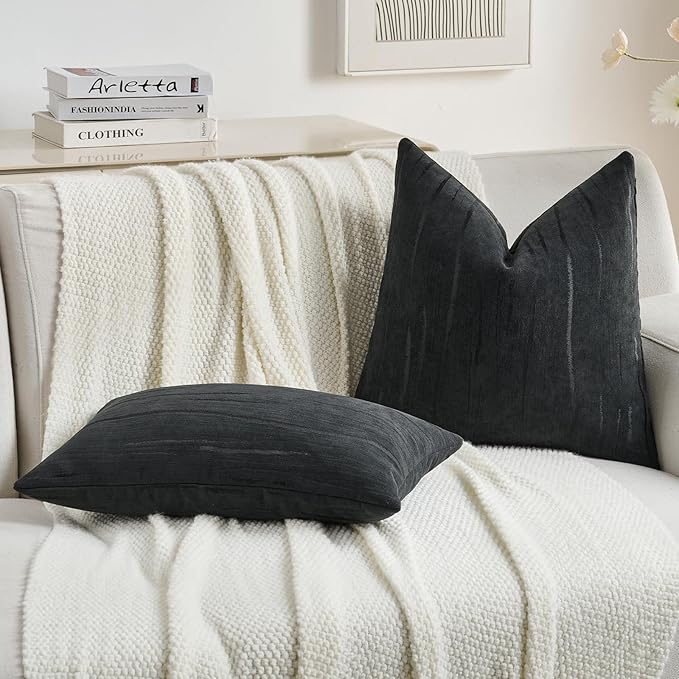 FUTEI Black Chenille Decorative Throw Pillow Covers 12x20 Inch Set of 2,Soft Embossed Striped Textured Lumbar Pillow Cases,Modern Home Decor for Couch Bed Living Room
