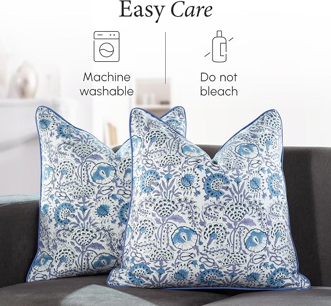 CPC 100% Cotton Throw Pillow Covers 16X16 Blue Block Print Pattern Couch Pillow, Cute Boho Decorative Pillows for Living Room, Bedroom with Hidden Zipper- Indigo Blue