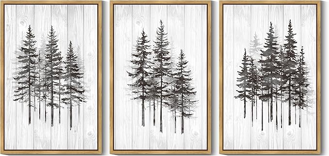 KUVIOKE Modern Pine Tree Framed Wall Decor Nature Forest Wall Decor Vintage Rustic Minimalist Paints for Farmhouse Bedroom Dining Room Decor24x36in (Natural Framed)