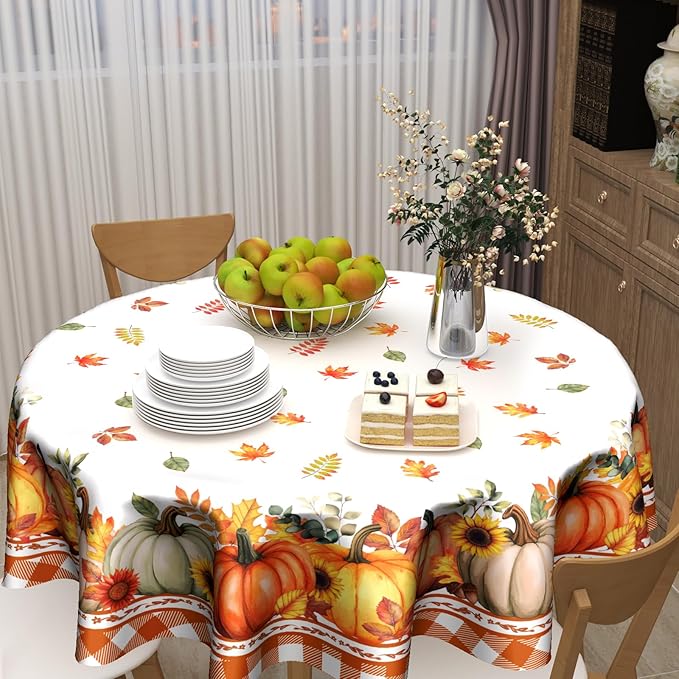 Kawani Fall Round Tablecloth 60 Inch Autumn Harvest Pumpkin Tablecloth Round Farmhouse Rustic Orange Maple Leaf Table Cover Thanksgiving Print Decorative Table Cloth for Home Kitchen Dining Party