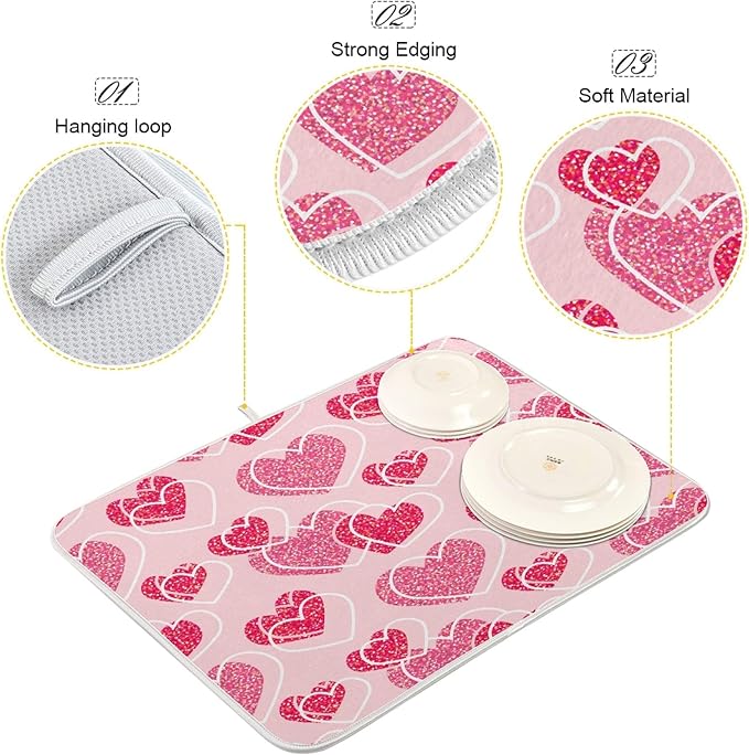 Happy Valentines Day Hearts Dish Drying Mat 16 X 18 Inch Stars Romantic Red Pink Glitter Love Heart Dry Dishes Pads Drainer Mats Tableware Protector for Home Kitchen Countertops Counter Decorations