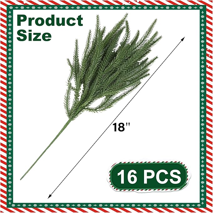 DR.DUDU 16 Pack Norfolk Pine Stems - 18" Real Touch Artificial Christmas Greenery Stems for Vase Fillers, Fake Pine Branches Christmas Decorations for Indoor Home, Table Centerpieces and Xmas Décor