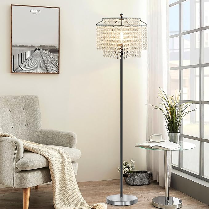 Luvkczc Crystal Floor Lamp, 64" Tall Modern Standing Lamps with Double-Layer Lampshade, On-Off Foot Switch, Silver Finish Pole Lamp for Living Room, Bedroom, Office, 8W Bulb Included