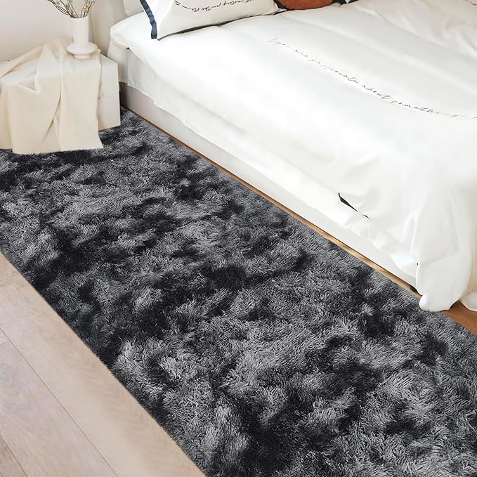 Tie-Dyed Runner Rug for Bedroom Black Grey 3x10ft Fluffy Area Rug Bedside Runner Rug for Kids Room Boys Teens Nursery Baby Living Room Dorm Home Decor Carpets