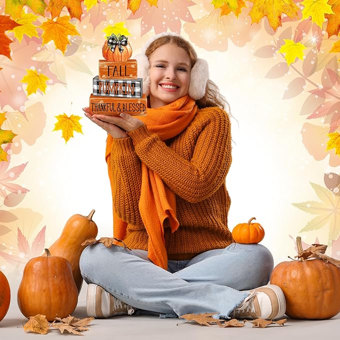 4 Pcs Fall Decor for Home Buffalo Plaid Pumpkin Wooden Signs with Blessed Autumn Tiered Tray Decor Grid Pumpkin Tabletop Centerpiece Fall Block Signs for Thanksgiving Office Kitchen Shelf