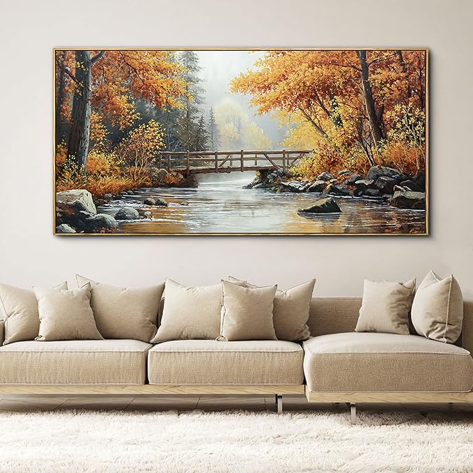 KLAKLA Large Canvas Wall Art - Rustic Landscape Burnt Orange Forest Tree Creek Print Picture Framed Artwork for Living Room Bedroom Office Wall Decor - 58x29 Inches