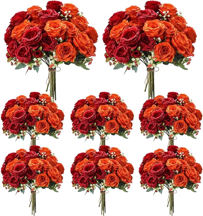 Geosar 8 Bundles Artificial Peonies Flowers Fake Silk Peony Bouquet Faux Peonies Flowers Bulk for Decoration Vase Florals Arrangements Wedding Party Table (Orange,Deep Red)
