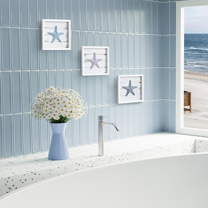 TideAndTales 3D Starfish Wall Art (Framed Set of 3) Coastal Theme Wall Hanging Decoration for Bathroom or Tropical Bedroom, Ocean Inspired Seashell Decor for Home or Beach House (7"x 7")