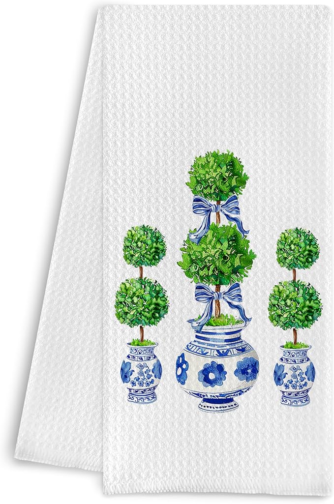 Blue and White Porcelain Chinoiserie Towels, Green Topiary Tree Dish Towels for Kitchen, Hand Towels for Bathroom, 16x24 Inches