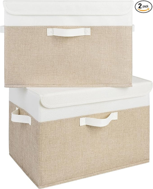 GRANNY SAYS Storage Boxes with Lids, Decorative Storage Bins, Shelf Baskets, Clothes Storage and Organization, White/Khaki, 2-Pack