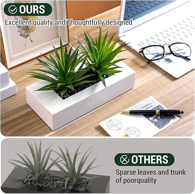 MyGift 10 Inch Artificial Grass Fake Plants in White Rectangular Wood Planter - Faux Plants Indoor for Tabletop Centerpiece Décor