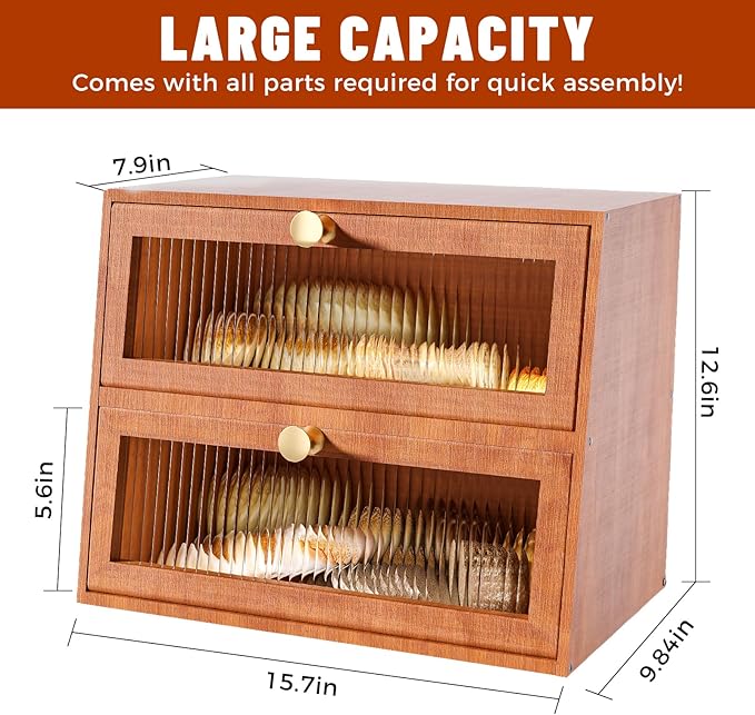 Bread Box for Kitchen Countertop Wooden Bread Bin Farmhouse Bread Storage Container Large Breadbox Holder with Window (Brown)