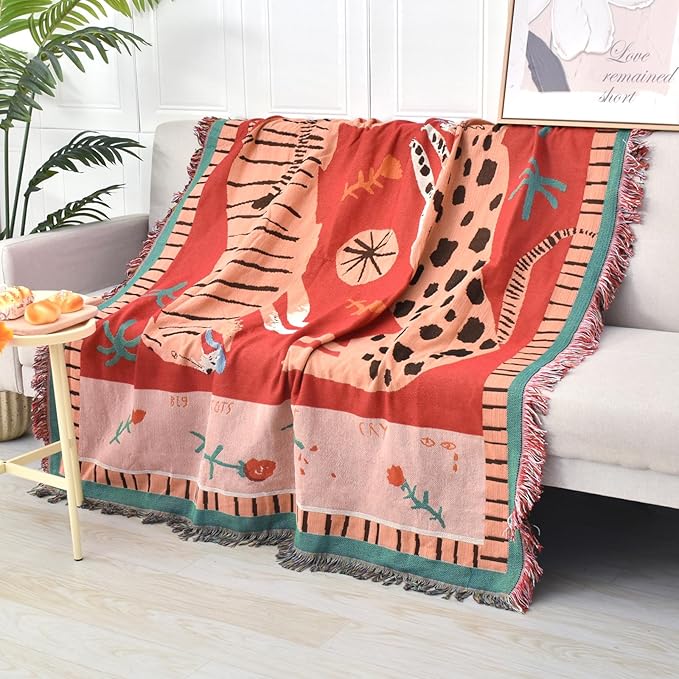 Boho Throw Blanket Reversible Cotton Bohemian Tapestry Hippie Room Decor Outdoor Blanket Double Sided (Boho Leopard 50"x60")