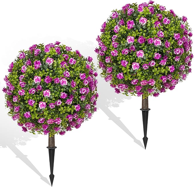 Artificial Purple Rose Topiary Ball Trees with Ground Spike Set of 2, Faux Boxwoods for Outdoor Planters, UV Resistant Artificial Outdoor Plants for Porch, Fake Bushes Round Shrub