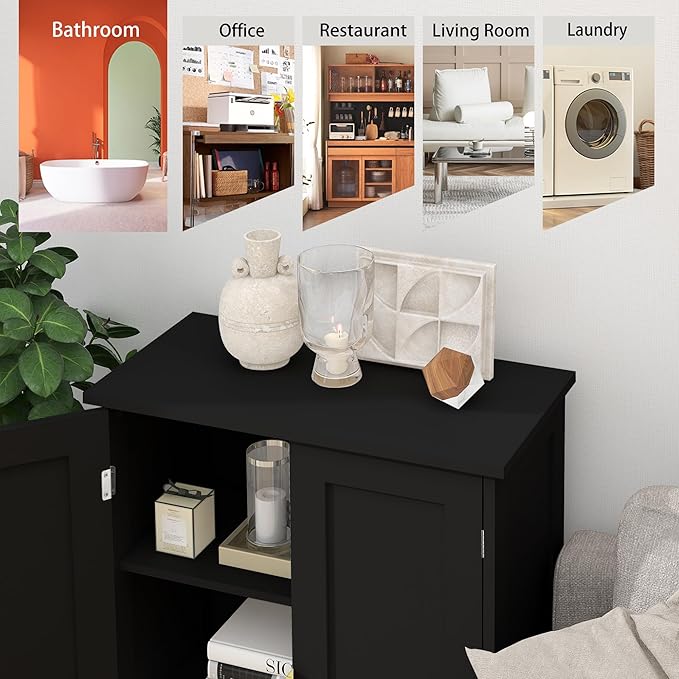 TaoHFE Black Freestanding Bathroom Cabinet with 2 Doors - Towel & Small Storage for Bathroom, Restroom, Office, Restaurant, Living Room