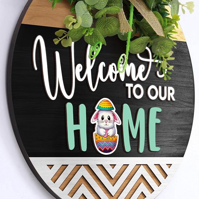 GOSSBY Interchangeable Welcome Sign for Front Door - WELCOME TO OUR HOME - Seasonal Rustic Wood Wreath - Hanging Wall Sign Decoration for Outside, Porch, Farmhouse - New Home, Housewarming Gift