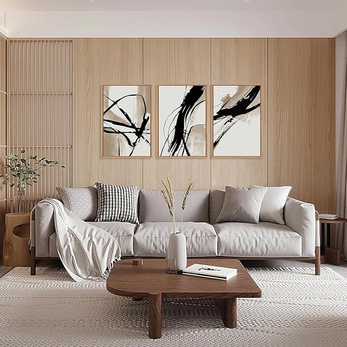 HOURIA Large Abstract Tan and Black Brush Stroke Framed Canvas Wall Art Set,Textured Beige Circle Wall Decor,Minimalism Brown Ink Line Artwork,Modern Shape Art Print for Living Room,Bedroom- 16"x24"x3