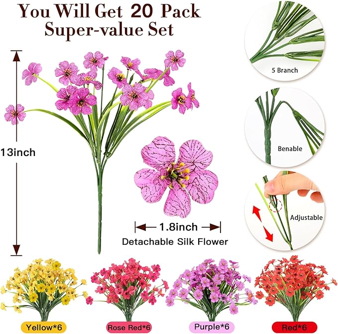20 Bundles Artificial Flowers for Outdoors Decorations, Fake Flowers Faux Plants Silk Colorful Daisy Flowers Realistic UV Resistant for Garden Patio Porch Box Home Decor