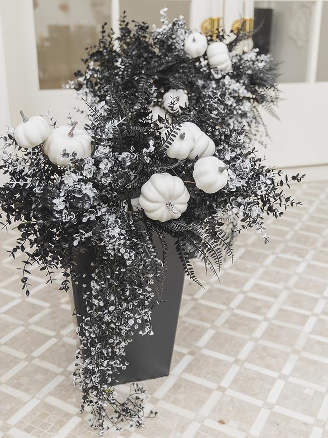 12Pcs Outdoor Artificial Boxwood UV Resistant Fake Stems Plants, Black Artificial Flowers Faux Flowers for Autumn Home Kitchen Wedding Table Centerpiece Halloween Thanksgiving Decorations