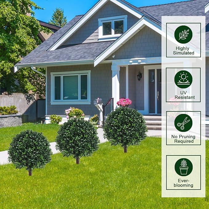Artificial Boxwood Topiary Ball Bush for Outdoor with Spike, Set of 2 UV Resistant Faux Boxwood Ball Tree with Stake, Weatherproof Fake Round Topiary Shrub Plant for Front Porch Planter