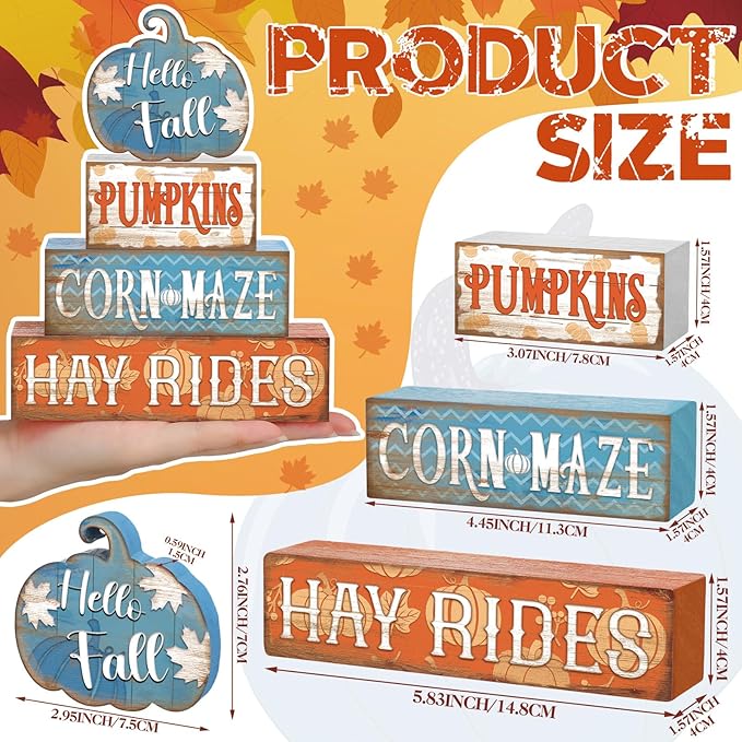 4 Pcs Fall Decor for Home Blue Pumpkin Wooden Signs with Blessed Autumn Tiered Tray Decor Hello Fall Tabletop Centerpiece Maple Leaf Block Signs for Thanksgiving Office Kitchen Shelf