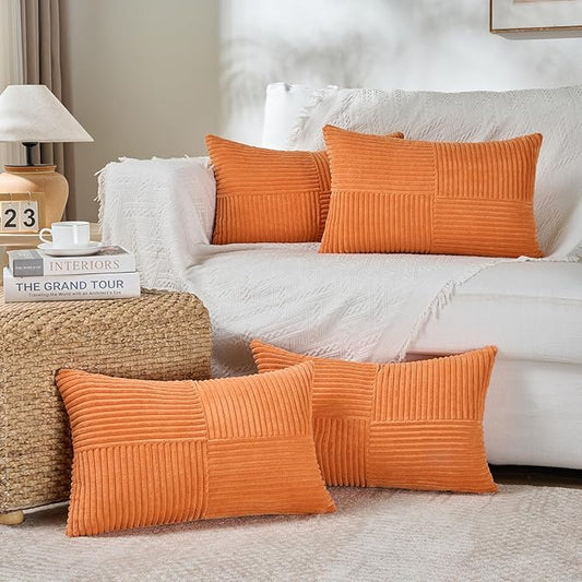 Fancy Homi 4 Packs Orange Lumbar Decorative Throw Pillow Covers 12x20 Inch for Living Room Couch Bed Sofa, Farmhouse Boho Home Decor, Soft Striped Corduroy Rectangle Accent Cushion Case 30x50 cm