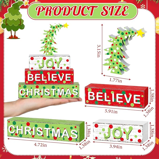 Geelin 4 Pcs Christmas Wooden Tabletop Decor Christmas Tree Tiered Tray Decor Xmas Red and Green Centerpiece Rustic Decorative Block Signs Gift Farmhouse Table Decoration for Home Kitchen