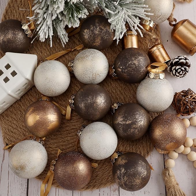 24 Pcs Neutral Textured Christmas Ball Ornaments 2.36'' Vintage Christmas Tree Decor Modern Rustic Brown Ornaments with Loop Shatterproof Hanging Ball for Xmas Farmhouse Decor (Dark Brown)
