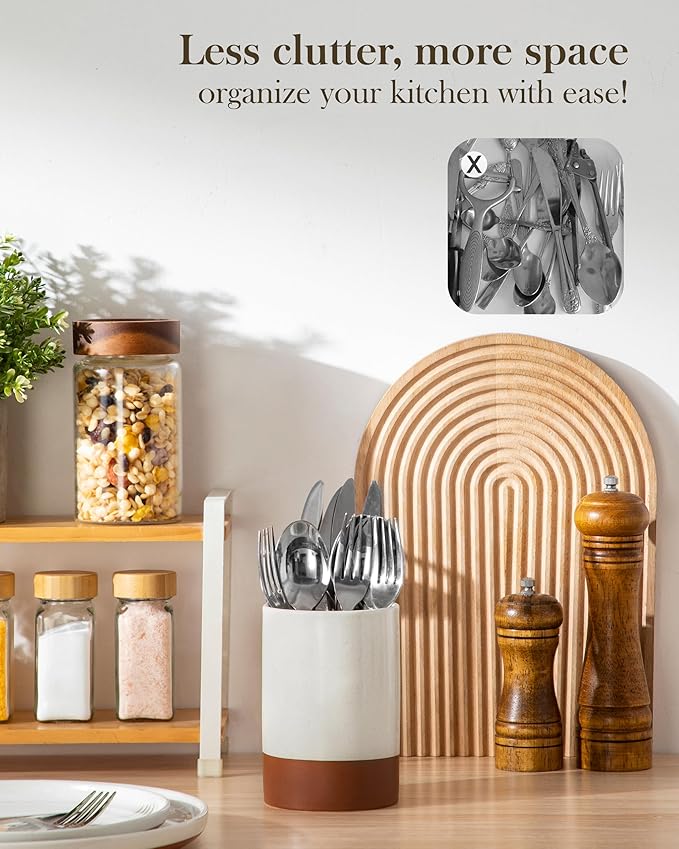 MALACASA Utensil Holder, 5.5" Ceramic Kitchen Utensil Holder for Countertop, Cooking Utensil Crock for Kitchen Counter, Farmhouse Utensil Organizer for Spatula & Spoon, Khaki White, Series TARA