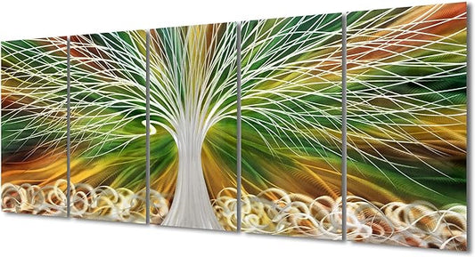 Yihui Arts Abstract Metal Wall Art - Tree Of Life Hand Crafted 5 Pieces Panels Large Big Unique 3D Aluminum Modern Contemporary Home Accent
