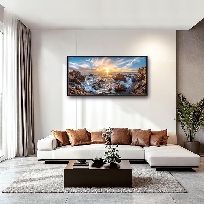 Coastal Large Wall Art for Living Room, Ocean Sunrise Oversized Wall Decor Pictures, Coast Seascape Framed Canvas Print Painting, Modern Artwork for Bedroom Office Home Decor 60"x30"