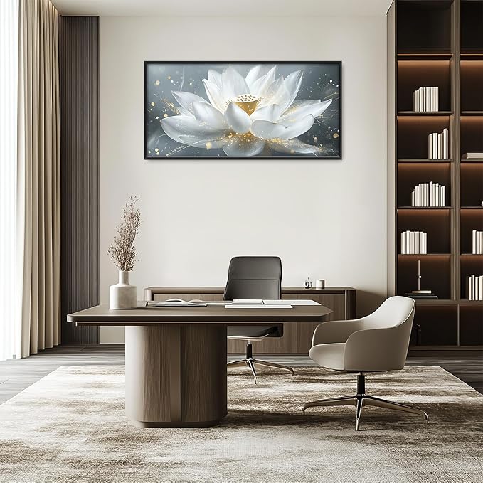 Olivine Zen Wall Art, Lotus Pictures Wall Decor, White and Golden Lotus Painting Flower Canvas Prints, Framed Artwork for Bedroom Bathroom Living Room Dining Room Office Home Decoration 60"x30"