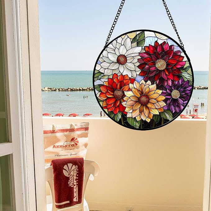 Stained Glass Window Hanging, Colorful Flowers Sun Catcher for Window Door Home Decor Plant Suncatcher Christmas Mother's Day Birthday Gifts for Women Men Mom and Nana 9.8 in