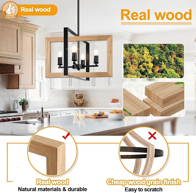 17" Farmhouse Natural Wood Chandelier, (4-Light, 17-Inch), Rustic Dining Room Light Fixtures Over Table, Adjustable Hanging Light Fixture for Kitchen, Living Room, Foyer, Entryway