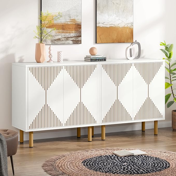 LITTLE TREE White Sideboard Buffet Cabinet, Modern Sideboard Cabinet with 4 Doors, Cupboard Console Table
