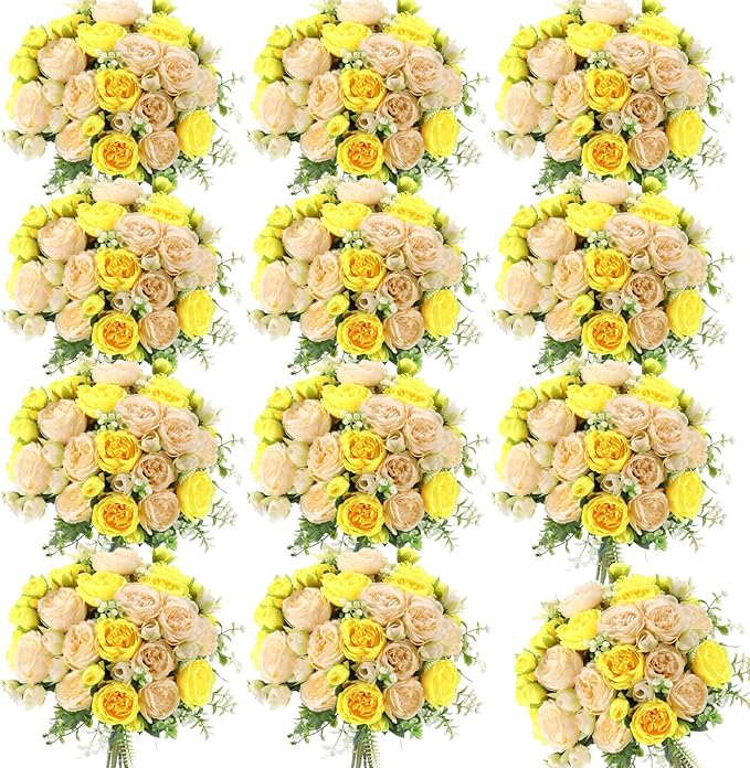 Geosar 16 Bundles Artificial Peonies Flowers Fake Silk Peony Bouquet Faux Peonies Flowers Bulk for Decoration Vase Florals Arrangements Wedding Party Table (Yellow,Champagne)