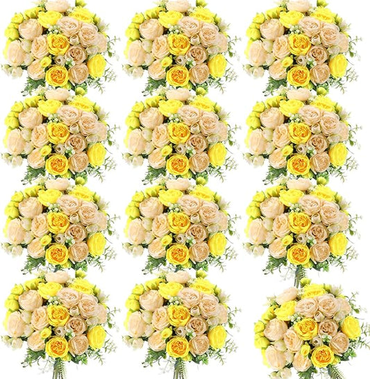 Geosar 16 Bundles Artificial Peonies Flowers Fake Silk Peony Bouquet Faux Peonies Flowers Bulk for Decoration Vase Florals Arrangements Wedding Party Table (Yellow,Champagne)