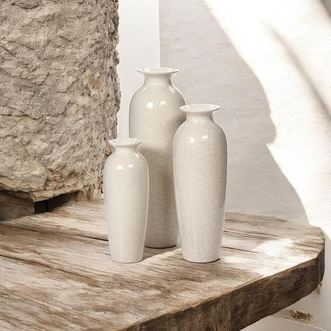 Hosley Set of 3 Crackle Ivory Ceramic Vases. Ideal Gift for Floral Arrangements Wedding or Special Occasions for Use in Home Office Decor Spa Aromatherapy Settings