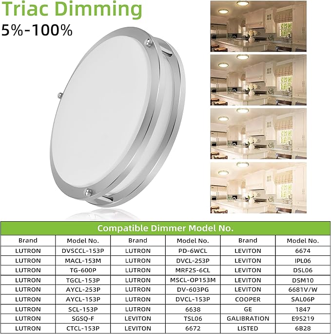 hykolity 16 inch Dimmable LED Flush Mount Ceiling Light Fixture, Brushed Nickel, 36W, 2200LM, 2.7/3/3.5/4K/5K Adjustbale, 120°Light Angle, CRI80, Ceiling Lamp for Bedroom, Kitchen, Office, ETL Listed