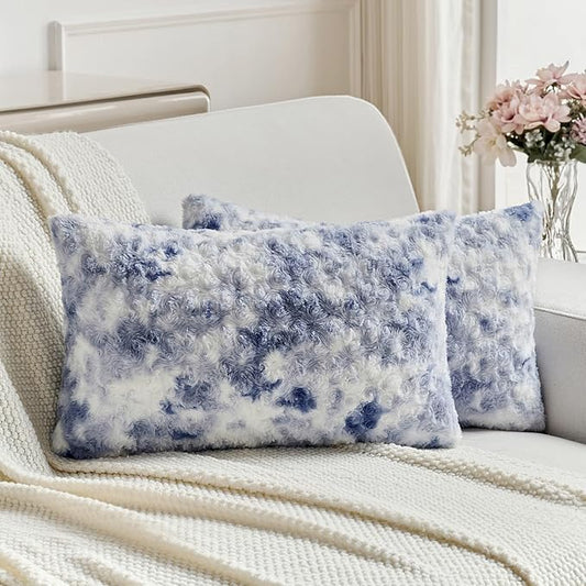 FUTEI Blue Decorative Throw Pillow Covers 12x20 Inch Set of 2,Soft Cozy Colorful Rose Swirl Texture Pillowcase,Modern Home Decor for Couch Sofa Bed Living Room