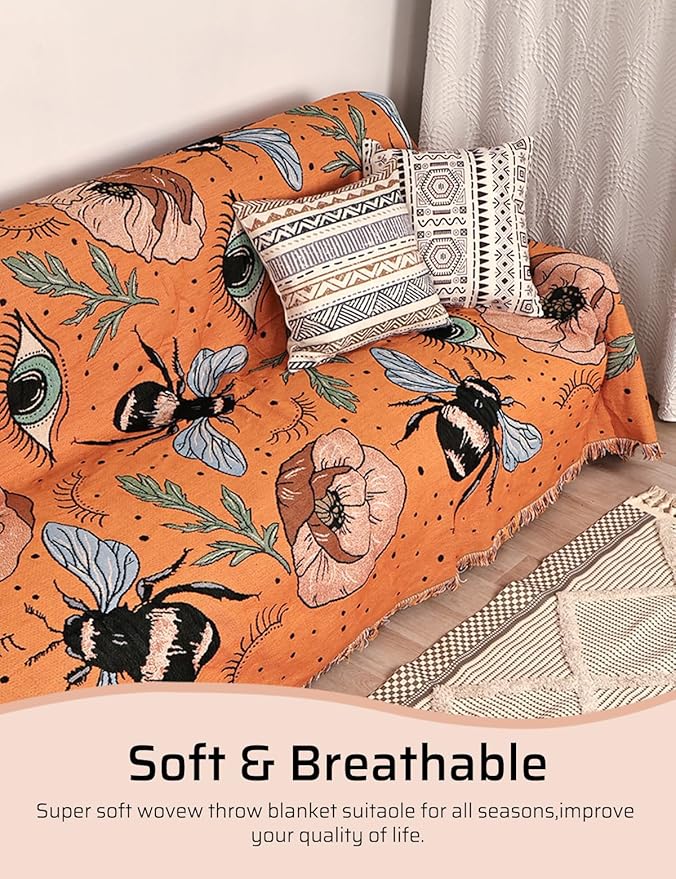 Boho Throw Blanket for Bed Couch Sofa Reversible Cotton Bohemian Travel Boho Quilt Mexican Muslin Blanket Tapestry Hippie Room Decor Outdoor Blanket Double Sided (Boho Bee Yelow 70"x90")