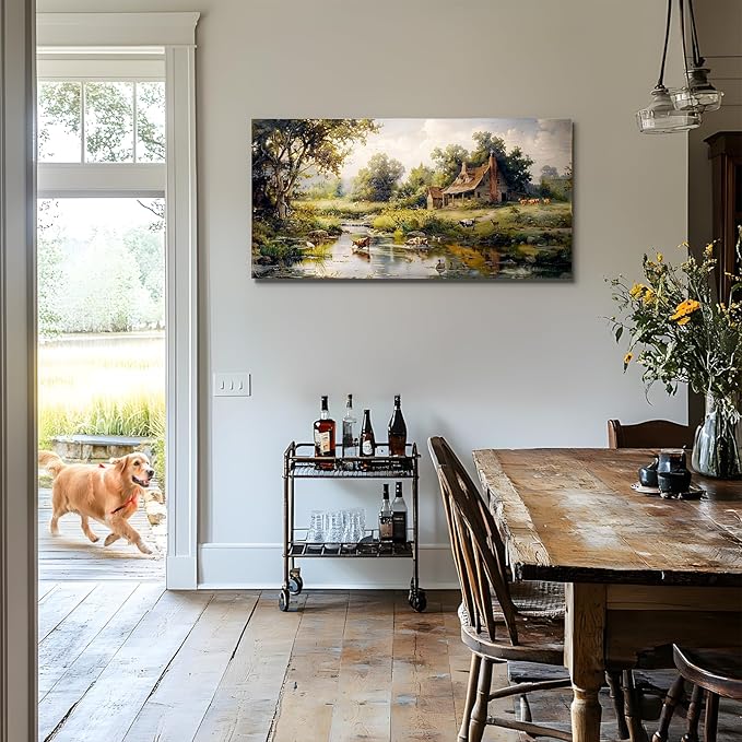 crmotu Large Wall Art for Living Room, Farm Landscape Canvas Painting, Riverside Forest Cottage Scenery Art Prints, Animal Cow Sheep Modern Farmhouse Bedroom Bathroom Pictures Wall Decor 24"X48"