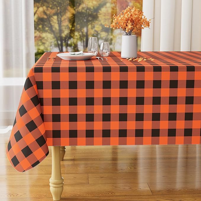 misaya Rectangle Waterproof Vinyl Table Cloth, Buffalo Flannel Backed Tablecloth, Wipeable Plastic Table Cover for Fall, Halloween (60" x 102", Orange and Black)