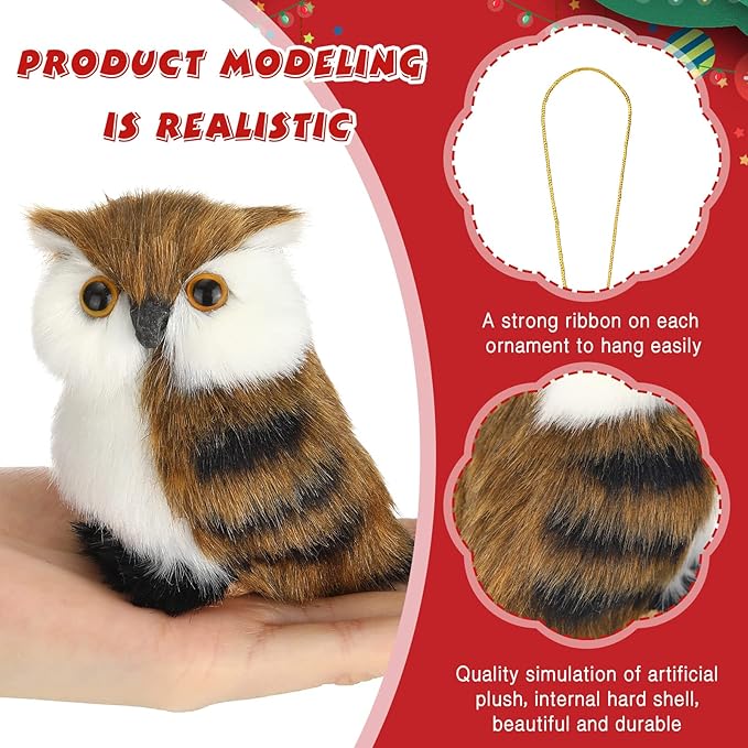 Skylety 10 Pieces Forest Animals Ornaments Woodland Animal Faux Fur Plush Hanging Ornaments Family Educational Playset for Fall, Christmas, Winter Birthday Party Supplies(Owls)