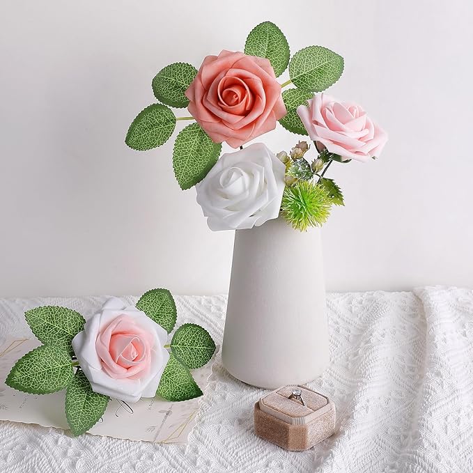 AmyHomie 25pcs Real Looking Artificial Shades of Blush Roses w/Stem for DIY Wedding Bouquets Centerpieces Arrangements Party Baby Shower Home Decorations