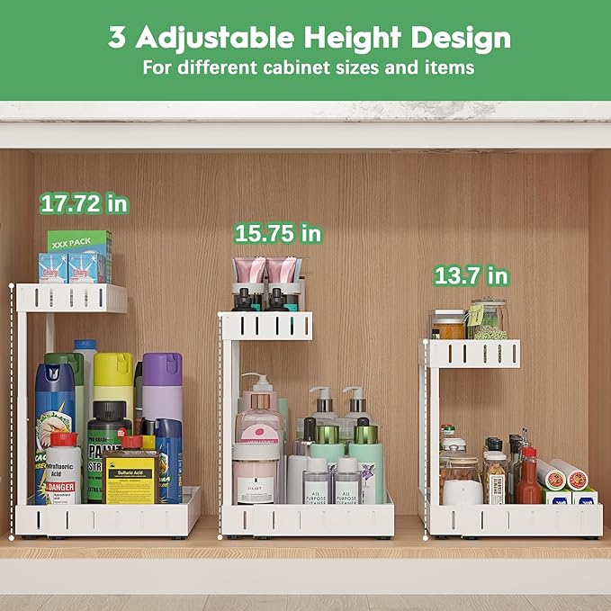 REALINN Under Sink Organizer, 2 Tier Expandable Under Cabinet Organizer, Heights Adjustable Pull Out Storage for Kitchen Bathroom Laundry, White, 1 Pack