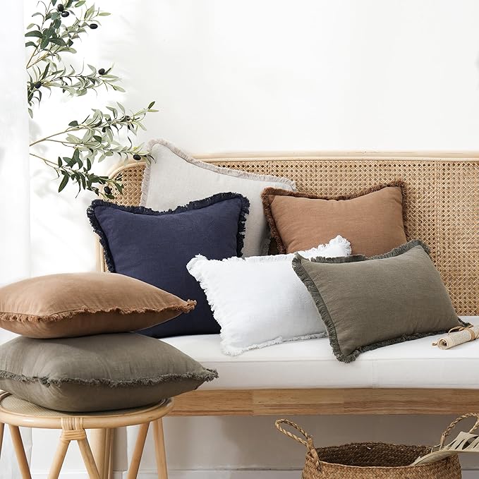 Foindtower Set of 2 Decorative Linen Fringe Throw Pillow Covers Cozy Farmhouse Boho Cushion Cover with Tassels Soft Accent Pillowcase for Couch Sofa Bed Living Room Home Decor 20×20 Inch Khaki Brown