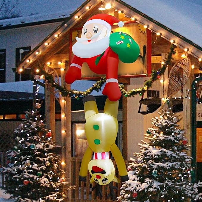 DR.DUDU 7 FT Christmas Inflatable Outdoor Decorations, Blow Up Santa Claus with Reindeer Hanging Xmas Inflatables Decor with LED Lights for Yard Lawn Porch Garden Holiday Party