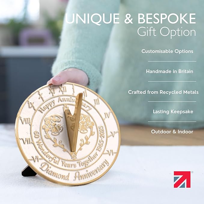 Metal Foundry Personalized Diamond 60th Sundial - Heavy Duty Recycled Brass Home Decor, Garden Present Made in The UK for Parents, Grandparents, Friends, Couples 60 Years Marriage