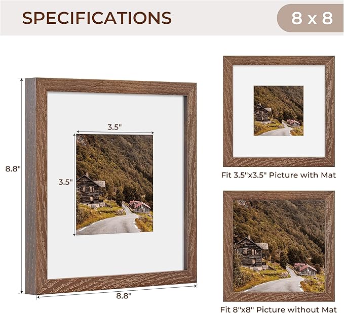 Rustic Wood 8x8 Picture Frame, Solid Oak Wood Frame 8 by 8, 8 x 8 Square Photo Frame with Tempered Real Glass, 8"x8" Picture Frame Matted to 4"x4", Squre Wood Picture Frames, Walnut Color, Set of 2